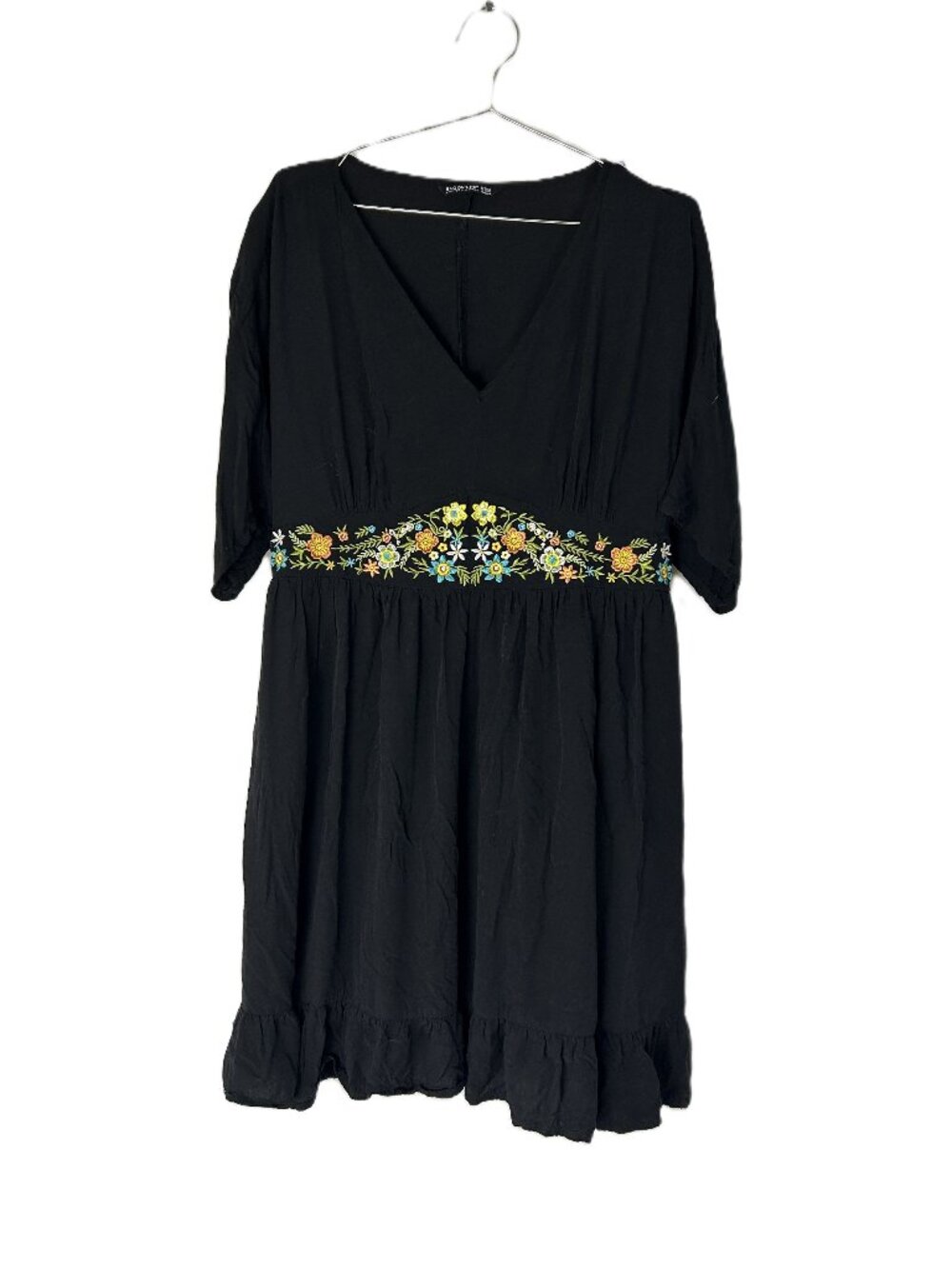 Bloomchic Floral Embroidered Waist Baby Doll Black Dress Plus 20